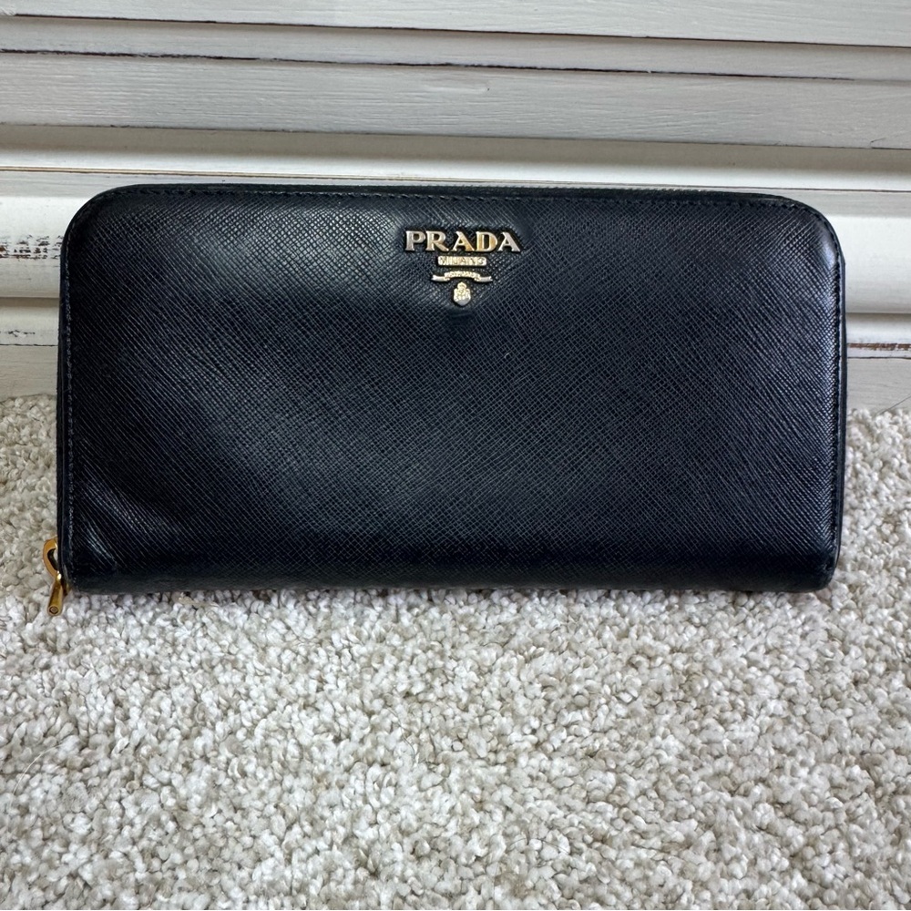 Prada Saffiano Leather Zipper Long Wallet Black